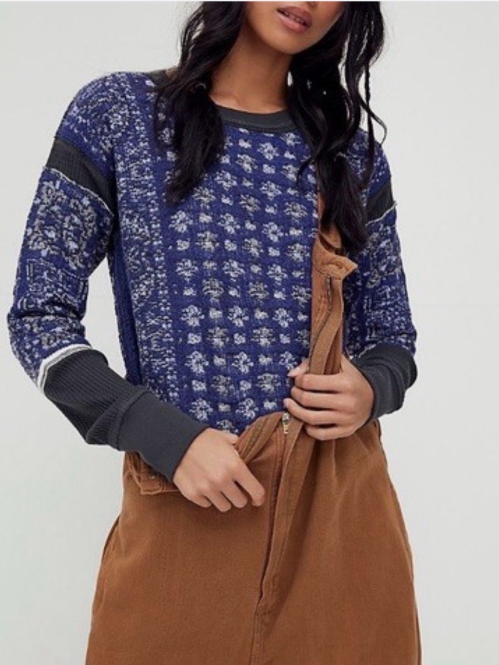 We The Free Stevie Layering navy and white patterned knit crew top size large